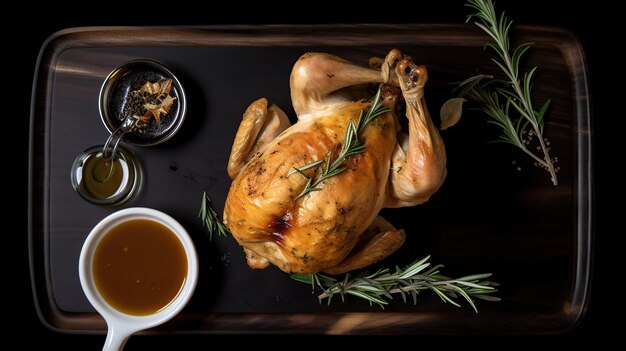 Photo roasted chicken with rosemary served on black plate with sauces on wooden table top view generative ai