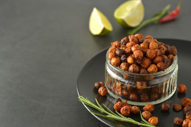 Roasted chickpeas. Crunchy, air fried delicious healthy food. Vegetarian food or lose weight snack.