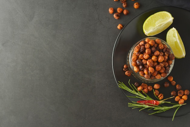 Roasted chickpeas. Crunchy, air fried delicious healthy food. Vegetarian food or lose weight snack.