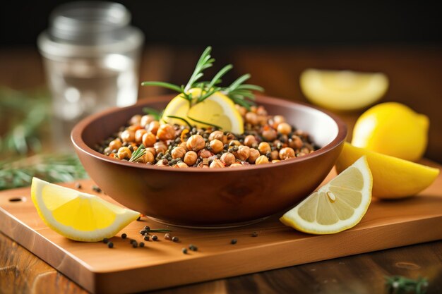 Roasted chickpeas in wooden bowl with lemon slices