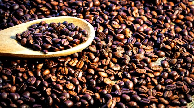 Photo roasted coffee bean background and texture with wooden spoon