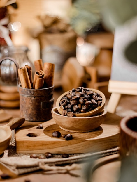 Roasted coffee bean in wooden bowl