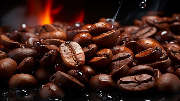 roasted coffee beans are cooked in front of a fireplace