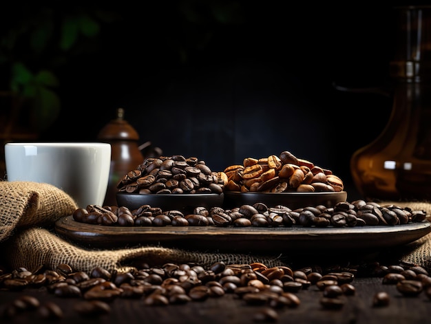 Roasted coffee beans on blurred background Generative AI