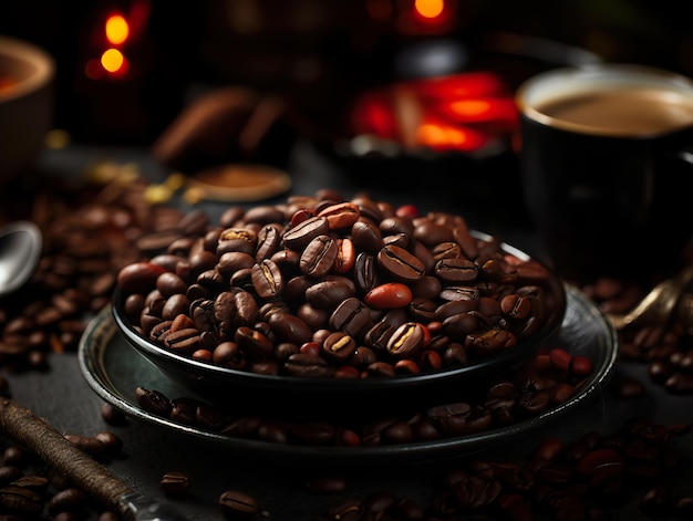 Roasted coffee beans on blurred background Generative AI