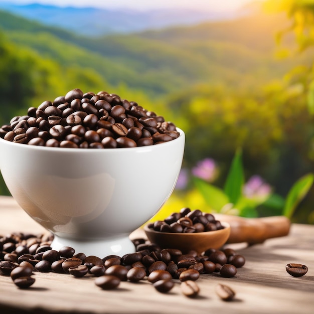 Roasted coffee beans in bowl isolated close up on beautiful nature background