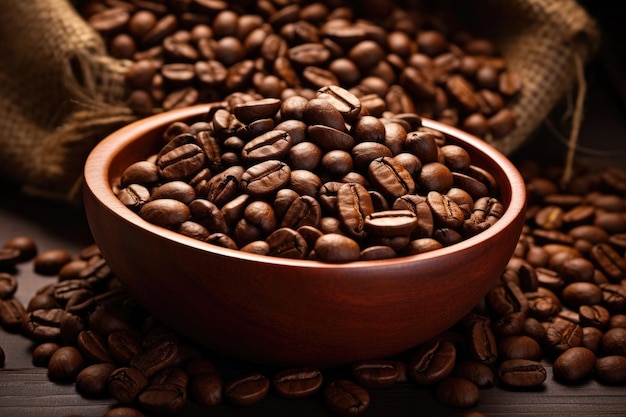 Roasted coffee beans in bowl with burlap sack Coffee beans in bag on wooden table