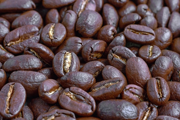 Roasted coffee beans close up Coffee background with focus selected