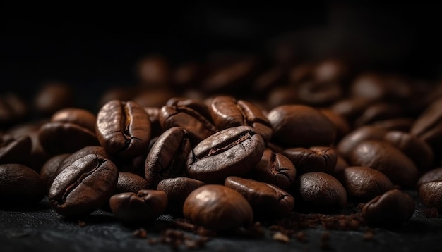 Roasted coffee beans closeup on dark defocussed and blurred background Generative AI