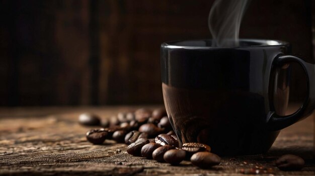 Roasted coffee beans and disposable takeout mockup paper cup for morning espresso on grey background