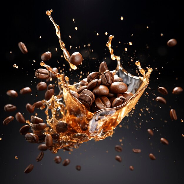 Roasted coffee beans falling coffee splashing