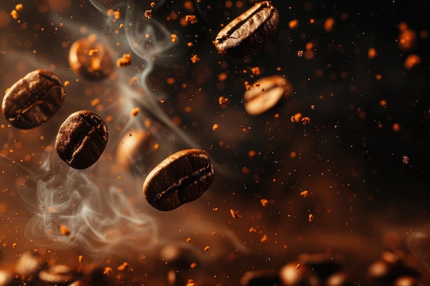 暗い背景の煙で空を飛ぶ焼きコーヒー豆