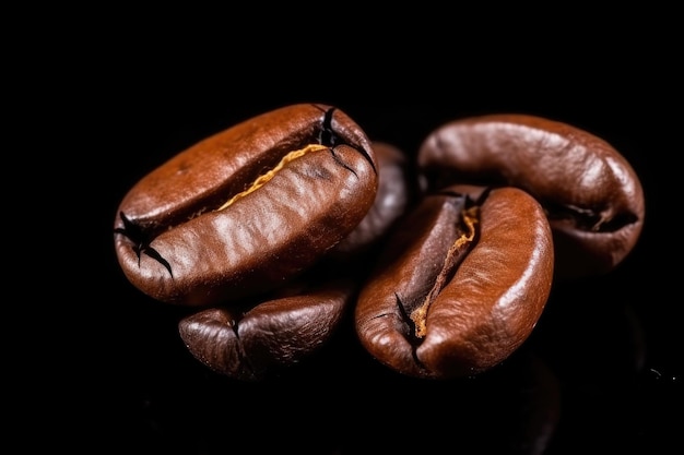 Roasted Coffee beans heap or pile close up isolated on black background