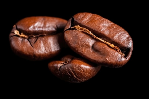 Roasted Coffee beans heap or pile close up isolated on black background