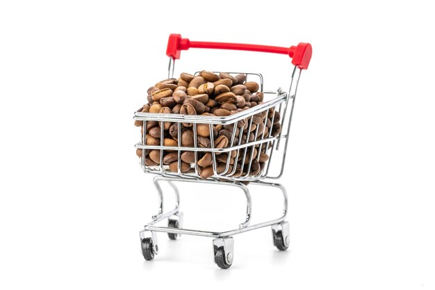 Roasted coffee beans in mini supermarket push cart isolated on white background, business and marketing concept