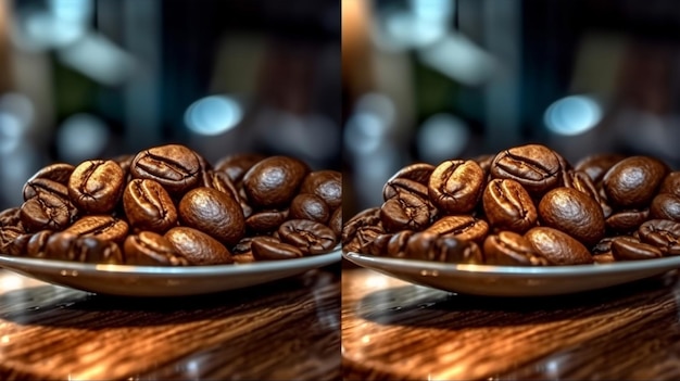 Roasted coffee beans on a plate in cafe closeup Generated AI