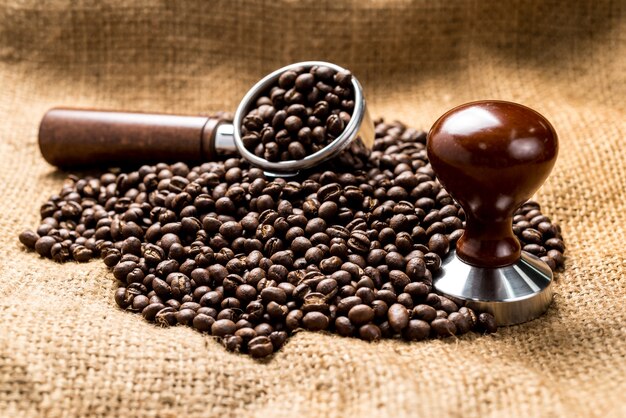 Roasted coffee beans on sack