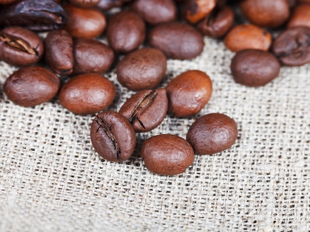 Roasted coffee beans on sackcloth