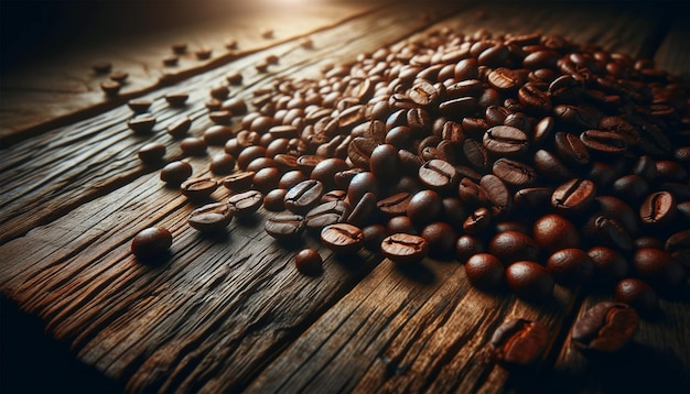 Roasted coffee beans scattered on a wooden table