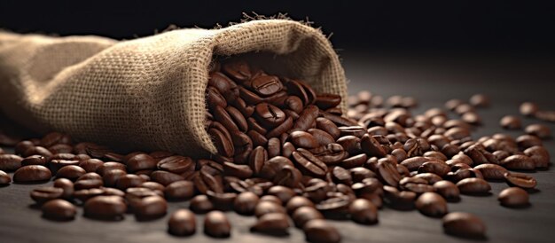 Photo roasted coffee beans spill out of a burlap sack on the table