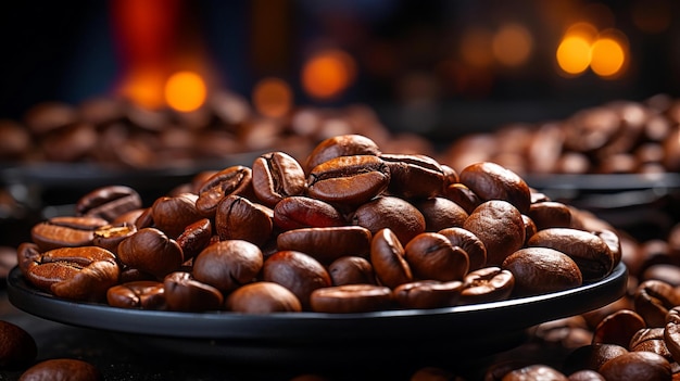 roasted coffee beans on a tray with a fire in the background