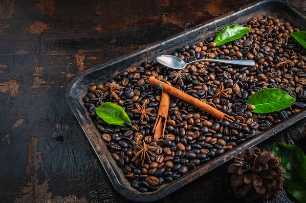 Roasted coffee beans in a tray