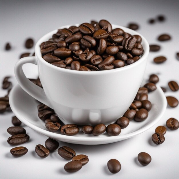 Roasted coffee beans in a white cup on black background