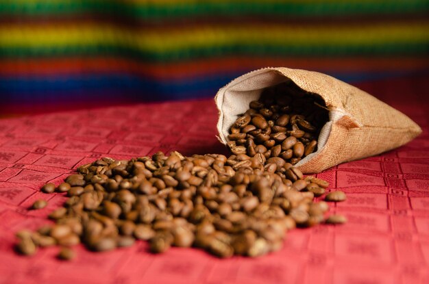 roasted coffee beans on a wide table