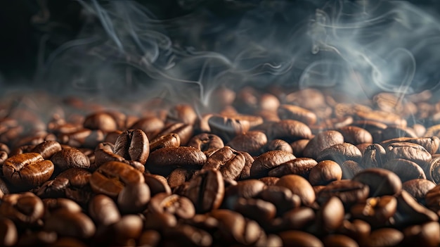 煙のバナー付きの焼きコーヒー豆の背景コンセプト