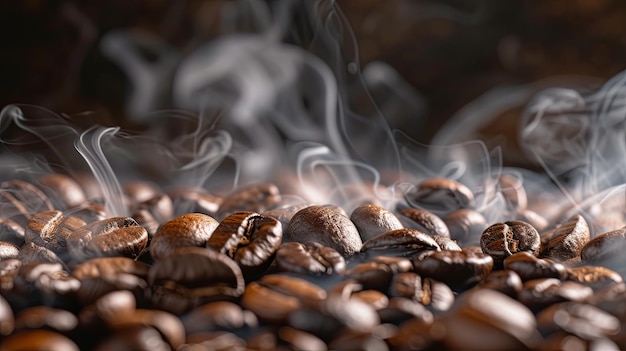 Roasted coffee beans with smoke banner Background concept