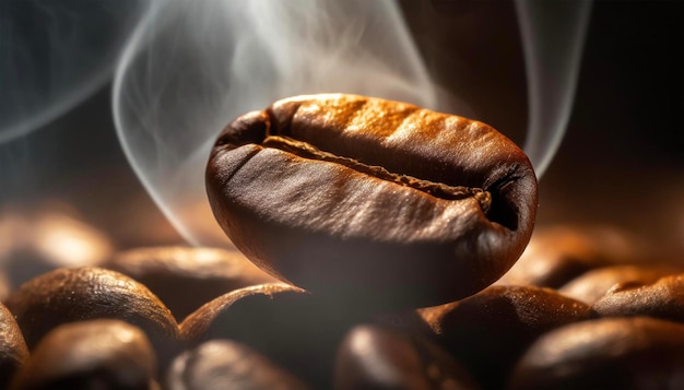 Photo roasted coffee beans with smoke on a dark background closeup