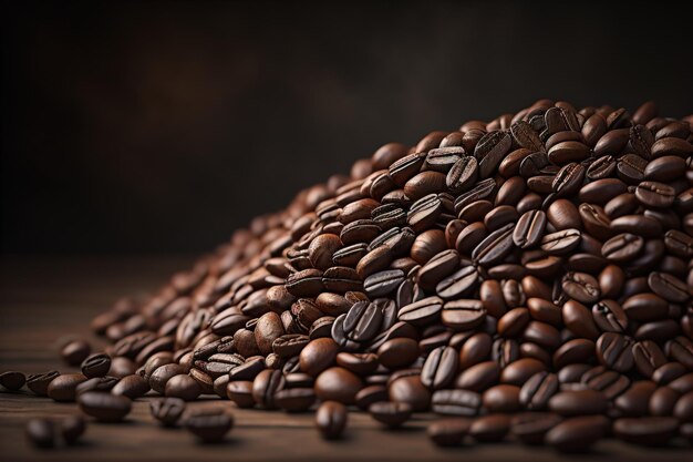 Roasted coffee beans on wooden background Selective focus Toned ai generative