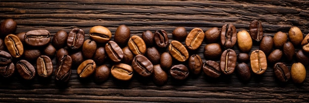 Roasted Coffee beans on wooden background texture and copy spase panorama top view