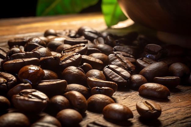 Roasted coffee beans on wooden table