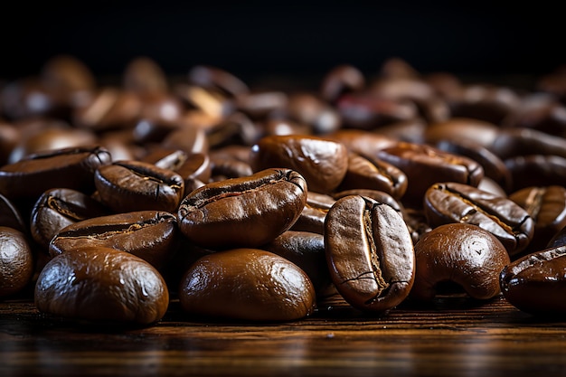 Roasted coffee beans on wooden table