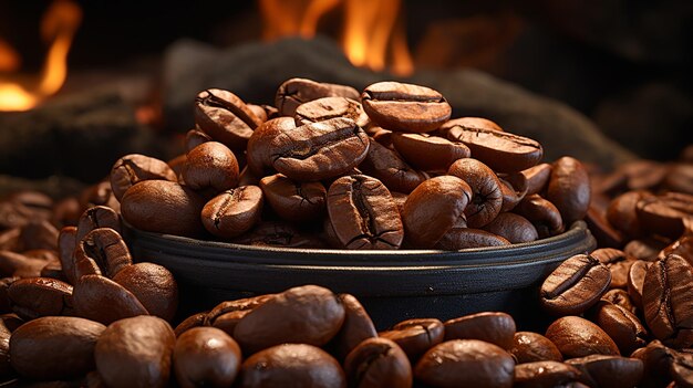 Photo roasted coffee beans on wooden tray