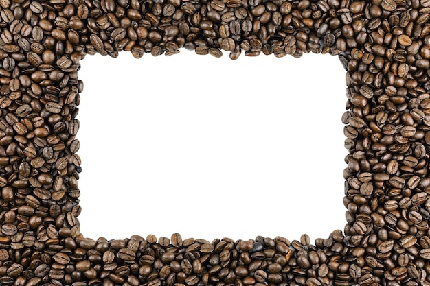 Roasted dark coffee beans with an empty white copy space in the center , ideal for cafe or menu design