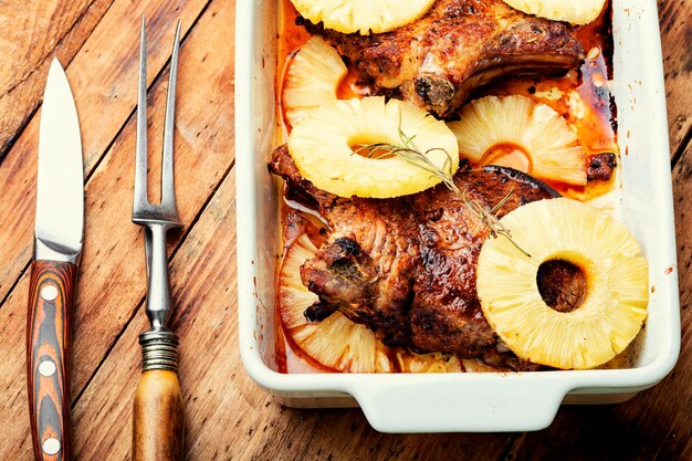 Roasted delicious meat in baking dish