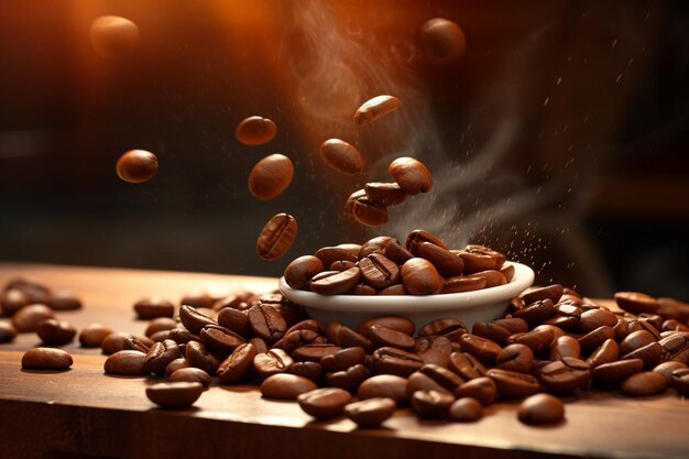 Photo roasted falling or flying coffee beans