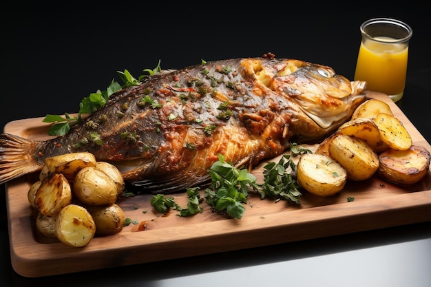 Roasted fish garnished with lemon slices served with vegetables