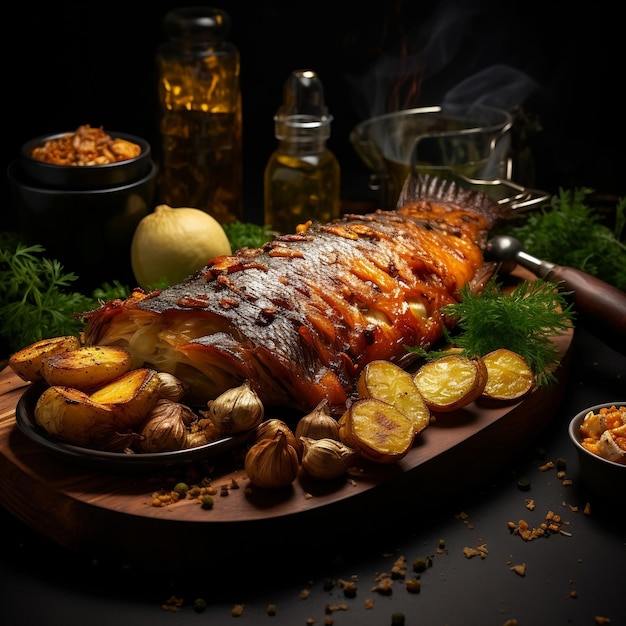 Roasted fish garnished with lemon slices served with vegetables