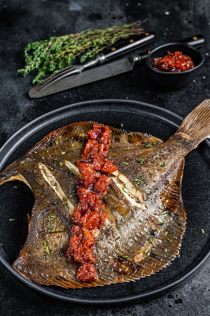 Roasted Flatfish or Flounder in a tomato sauce. Black background. Top view.