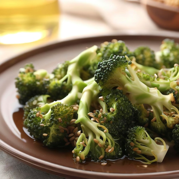 Roasted fresh broccoli sprouts in oil on a plate on the table