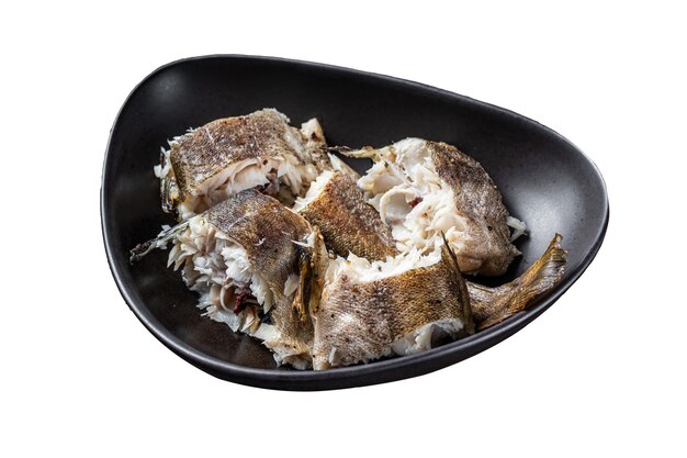 Roasted hake white fish in a plate Isolated on white background Top view