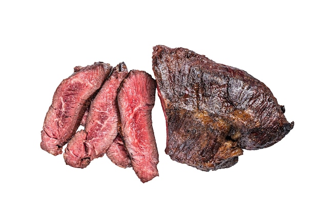 テーブルに焼いたハンガーまたはオングレット切り牛肉ステーキ 隔離された白い背景