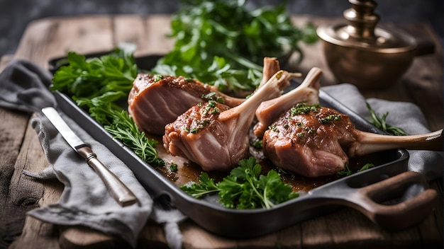 Roasted lamb chops with parsley and olive oil on wooden background