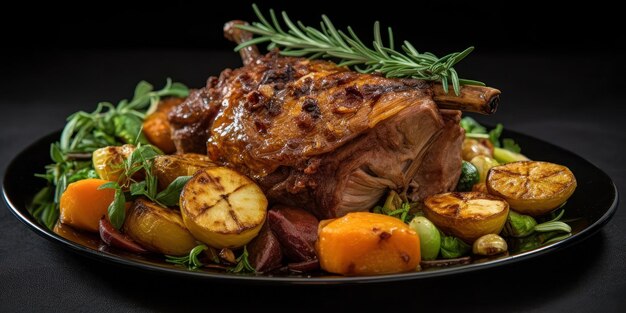 Foto piatto di agnello arrostito con guarnizione di verdure