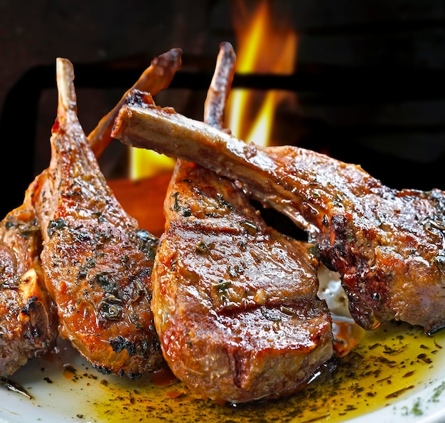 Roasted lamb rib grilled over coals