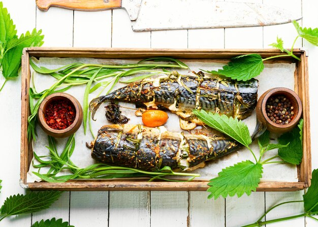 Roasted mackerel with herbs