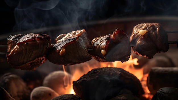 Roasted meat on the grill on skewers and coals Generative AI